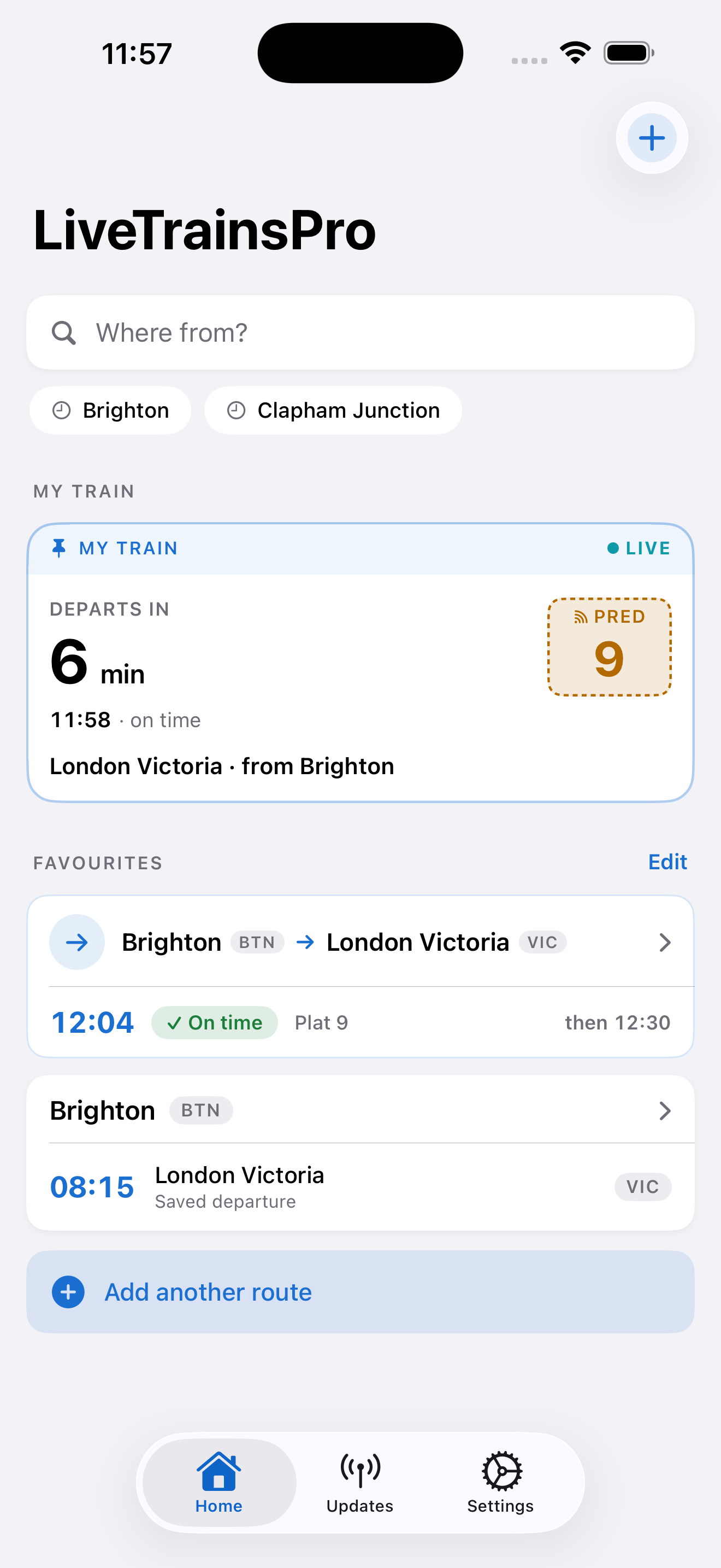 LiveTrains Pro home screen with a pinned train